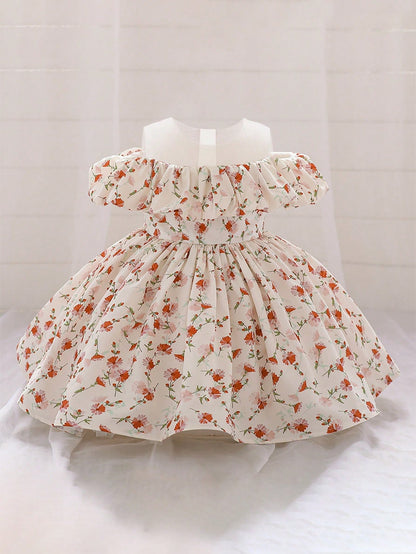 Baby Girls' Round Neck Floral Satin Princess Dress, Suitable For Flower Girl, Wedding, Birthday, Fabric Floral Pattern Random Cut, Headband Not Included