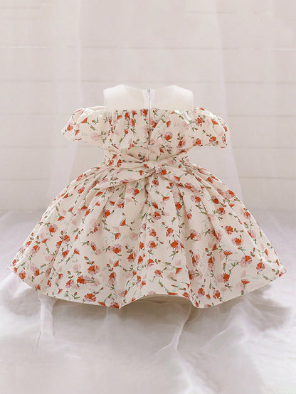 Baby Girls' Round Neck Floral Satin Princess Dress, Suitable For Flower Girl, Wedding, Birthday, Fabric Floral Pattern Random Cut, Headband Not Included