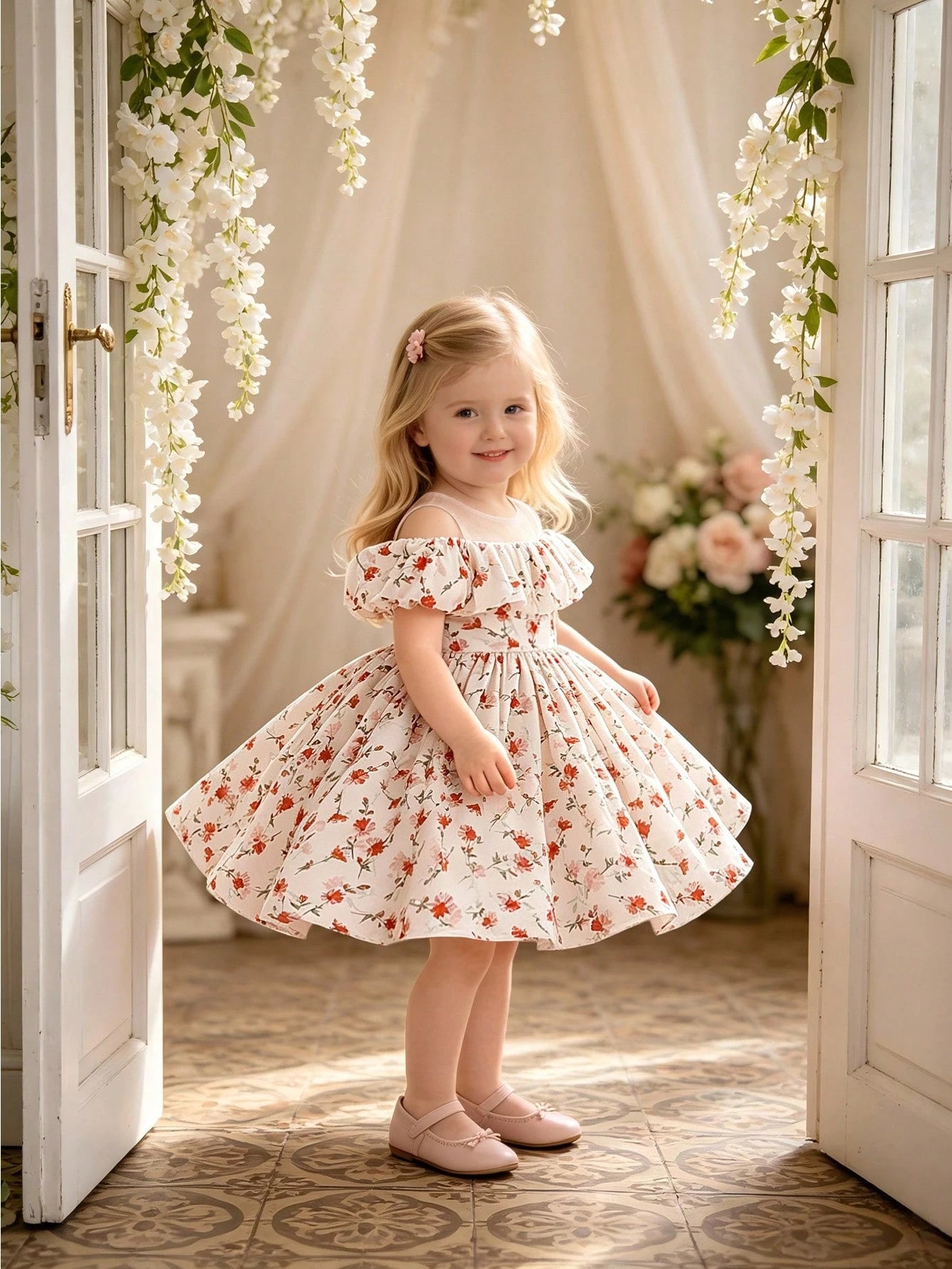 Baby Girls' Round Neck Floral Satin Princess Dress, Suitable For Flower Girl, Wedding, Birthday, Fabric Floral Pattern Random Cut, Headband Not Included