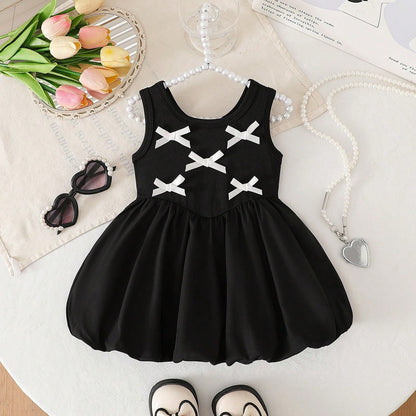 Baby Girls' Sleeveless Bow Baby Girl Clothing Black Ribbed Baby Dress Sweet Puffy Princess Dress