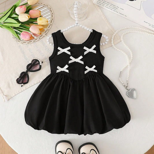 Baby Girls' Sleeveless Bow Baby Girl Clothing Black Ribbed Baby Dress Sweet Puffy Princess Dress