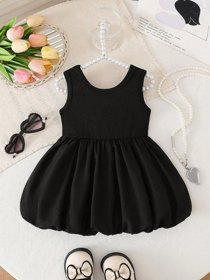 Baby Girls' Sleeveless Bow Baby Girl Clothing Black Ribbed Baby Dress Sweet Puffy Princess Dress