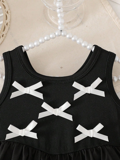Baby Girls' Sleeveless Bow Baby Girl Clothing Black Ribbed Baby Dress Sweet Puffy Princess Dress