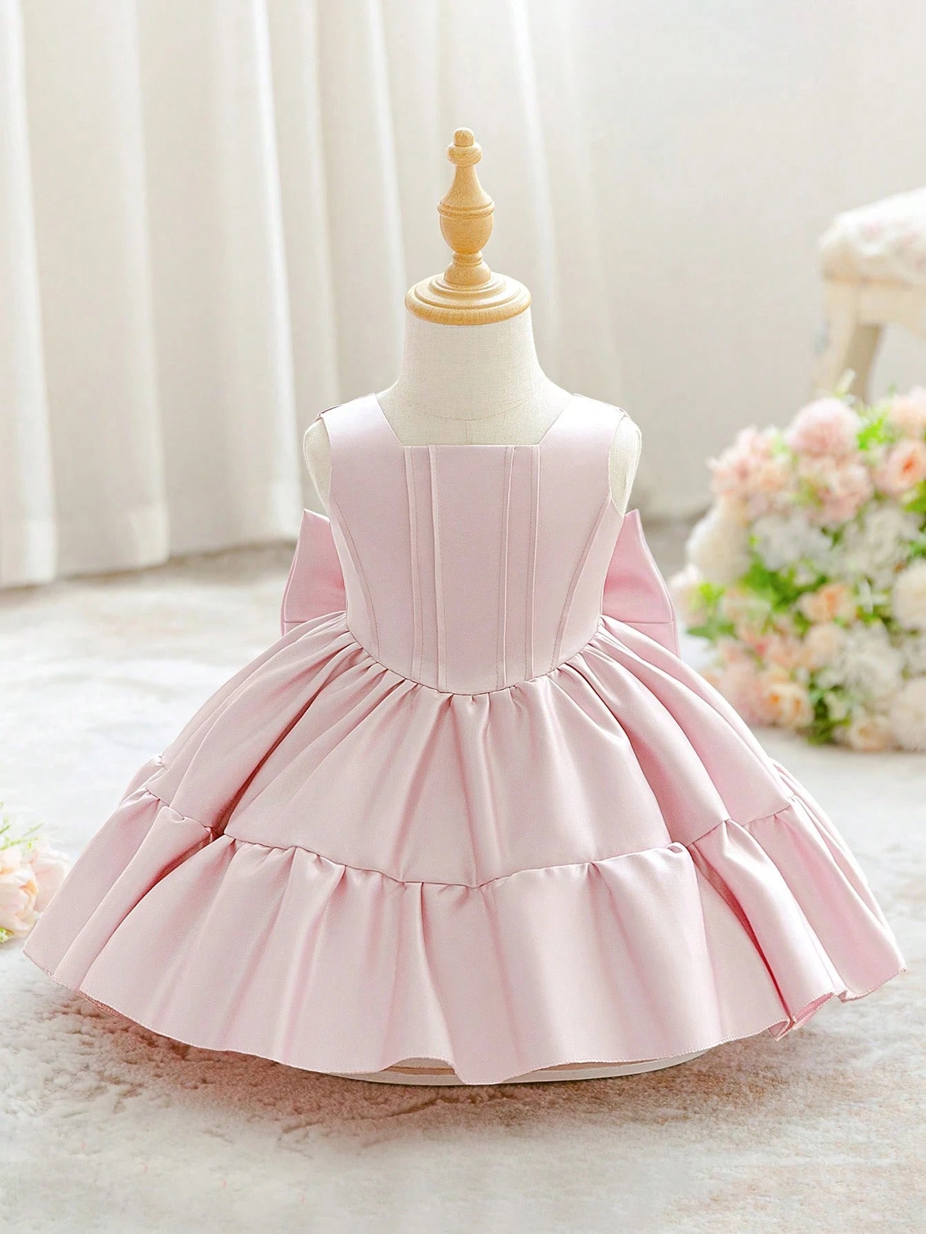 Baby Girls Square Neck Solid Color Bow Satin Cute Princess Dress For 1st Birthday Party And Daily Wear, Headband Not Included