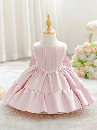 Baby Girls Square Neck Solid Color Bow Satin Cute Princess Dress For 1st Birthday Party And Daily Wear, Headband Not Included