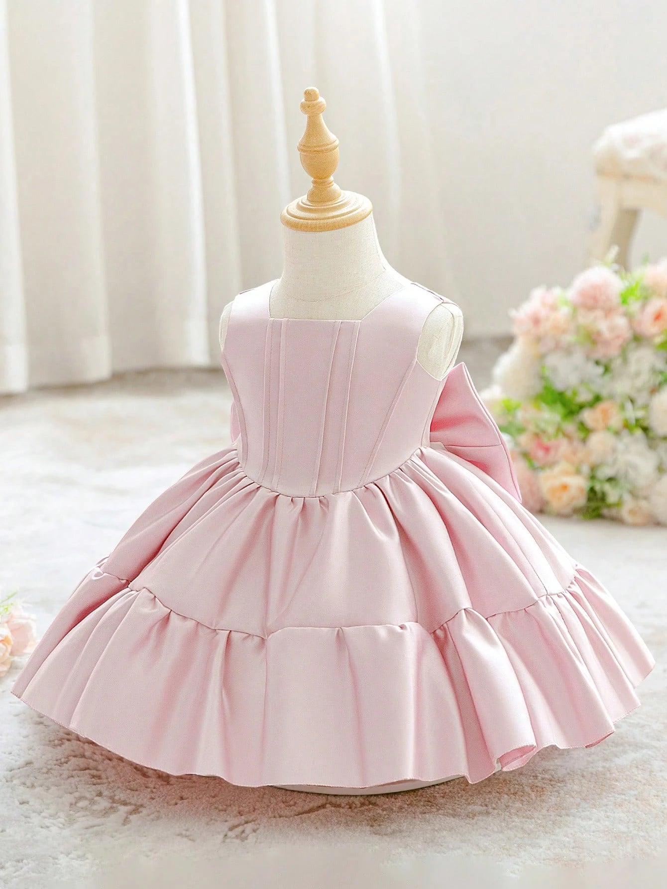 Baby Girls Square Neck Solid Color Bow Satin Cute Princess Dress For 1st Birthday Party And Daily Wear, Headband Not Included