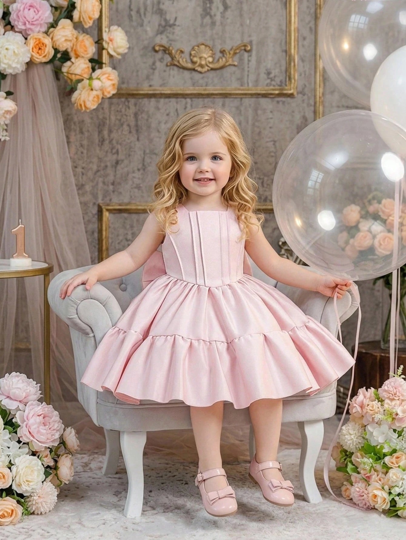 Baby Girls Square Neck Solid Color Bow Satin Cute Princess Dress For 1st Birthday Party And Daily Wear, Headband Not Included