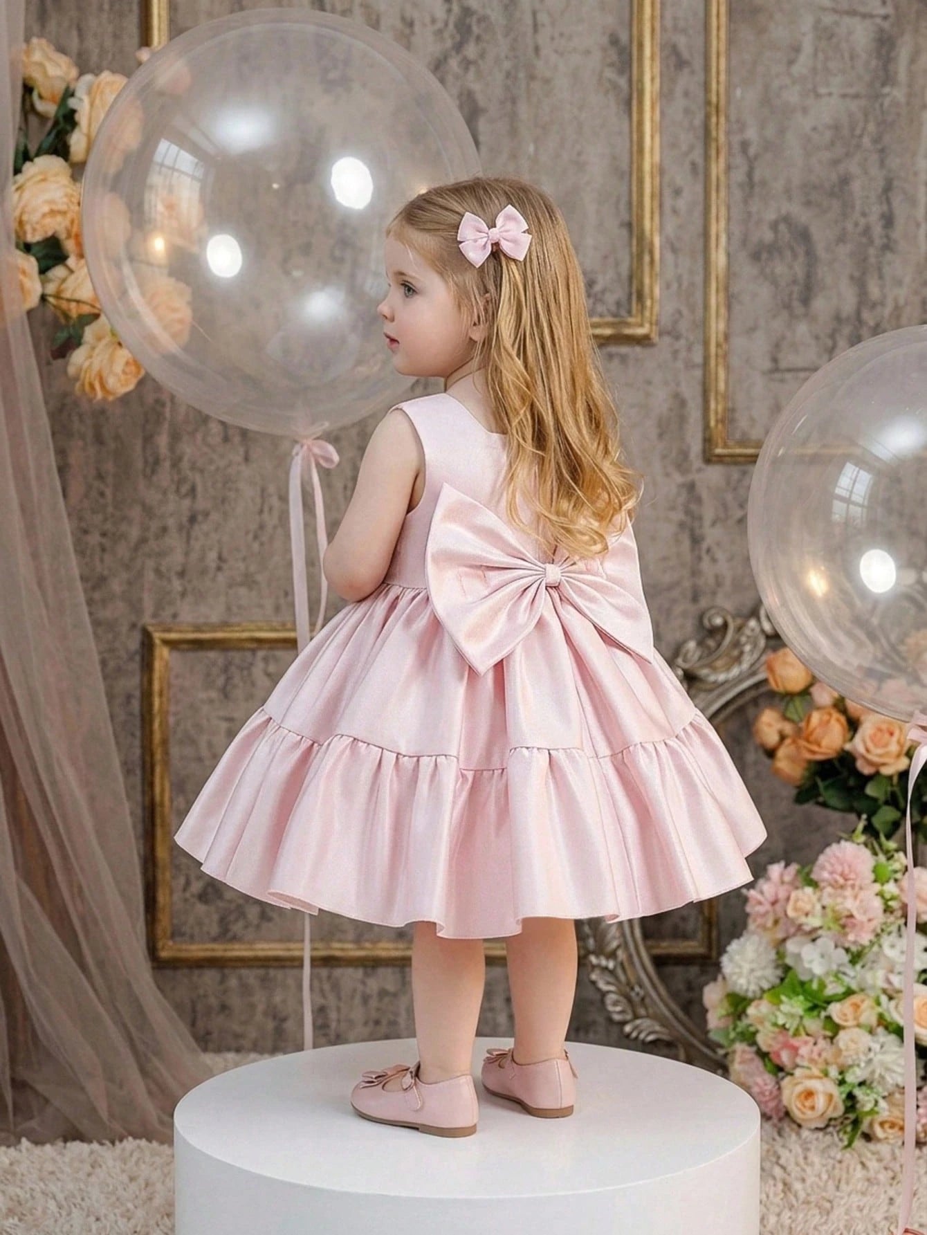 Baby Girls Square Neck Solid Color Bow Satin Cute Princess Dress For 1st Birthday Party And Daily Wear, Headband Not Included