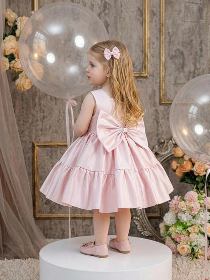 Baby Girls Square Neck Solid Color Bow Satin Cute Princess Dress For 1st Birthday Party And Daily Wear, Headband Not Included