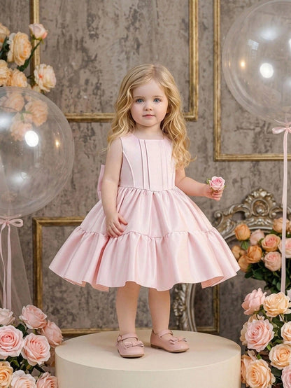 Baby Girls Square Neck Solid Color Bow Satin Cute Princess Dress For 1st Birthday Party And Daily Wear, Headband Not Included