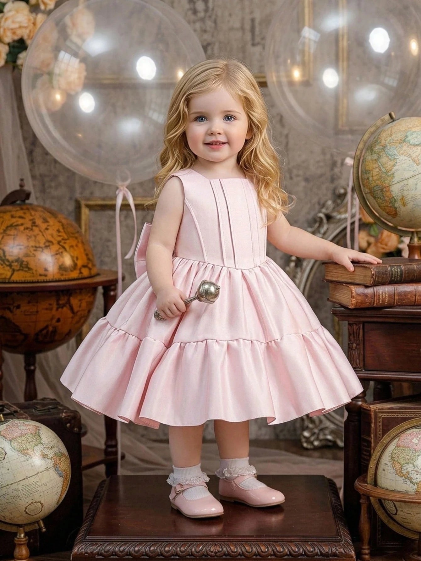 Baby Girls Square Neck Solid Color Bow Satin Cute Princess Dress For 1st Birthday Party And Daily Wear, Headband Not Included