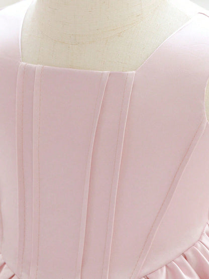Baby Girls Square Neck Solid Color Bow Satin Cute Princess Dress For 1st Birthday Party And Daily Wear, Headband Not Included