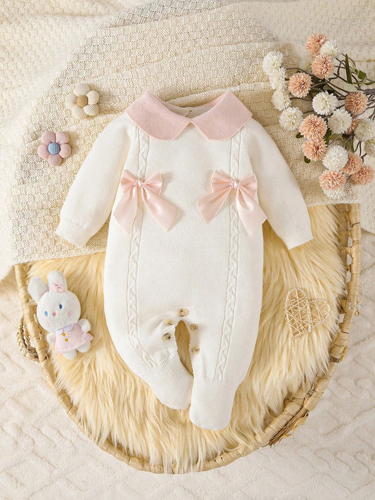 Baby Girls' Sweater,Knitted Turtleneck Long Sleeve Jumpsuit With Footed,Handmade Bow,Light Pink,Autumn,Cute,Comfortable For Winter Elegant Daily Wear
