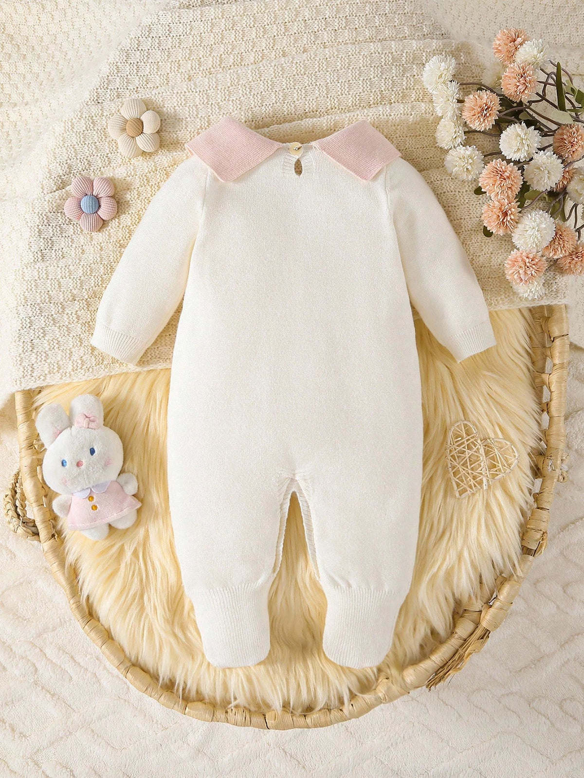 Baby Girls' Sweater,Knitted Turtleneck Long Sleeve Jumpsuit With Footed,Handmade Bow,Light Pink,Autumn,Cute,Comfortable For Winter Elegant Daily Wear