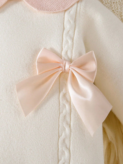 Baby Girls' Sweater,Knitted Turtleneck Long Sleeve Jumpsuit With Footed,Handmade Bow,Light Pink,Autumn,Cute,Comfortable For Winter Elegant Daily Wear