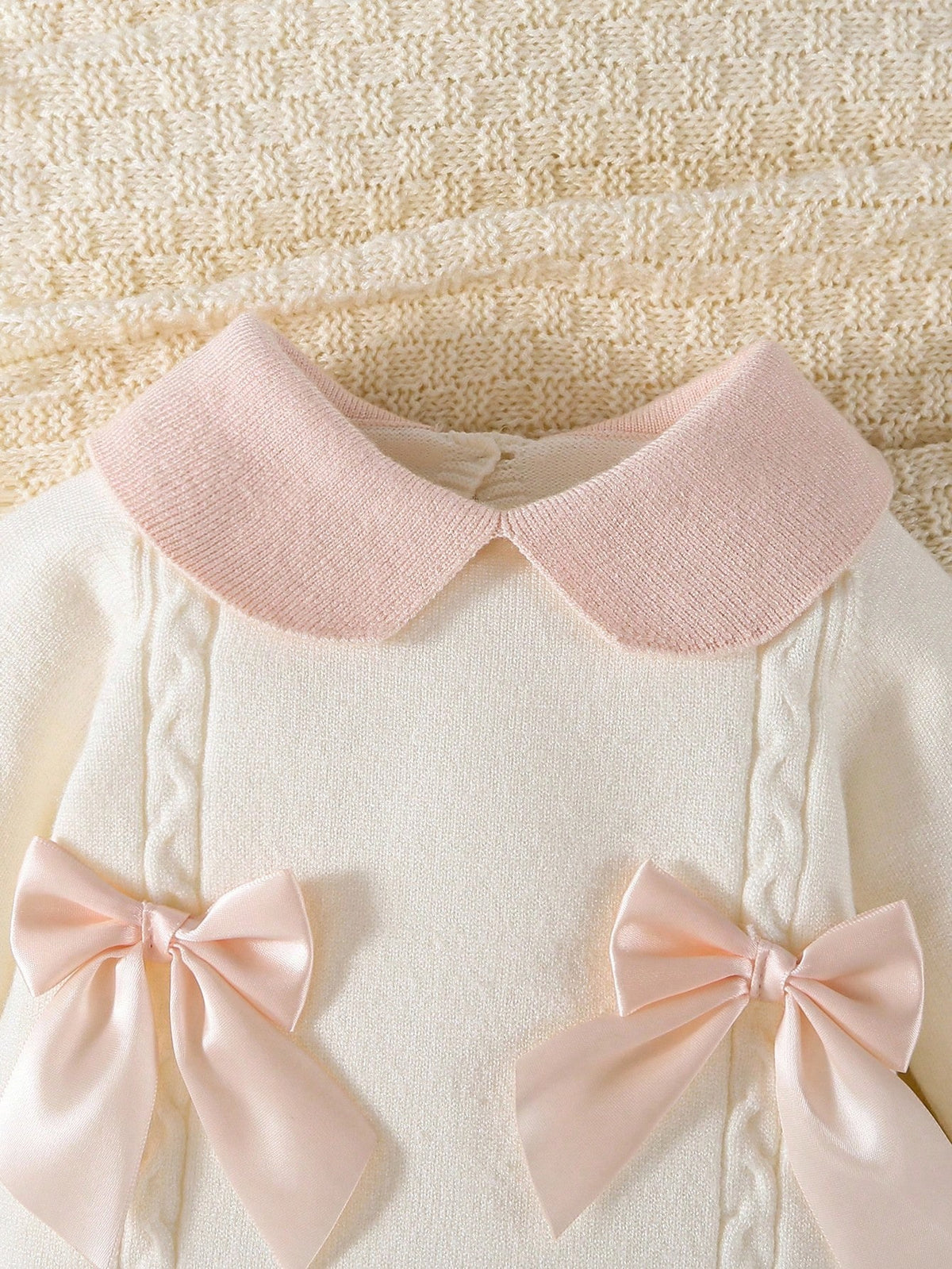 Baby Girls' Sweater,Knitted Turtleneck Long Sleeve Jumpsuit With Footed,Handmade Bow,Light Pink,Autumn,Cute,Comfortable For Winter Elegant Daily Wear