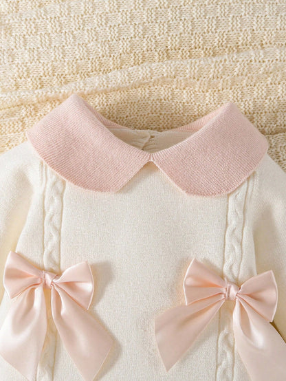 Baby Girls' Sweater,Knitted Turtleneck Long Sleeve Jumpsuit With Footed,Handmade Bow,Light Pink,Autumn,Cute,Comfortable For Winter Elegant Daily Wear