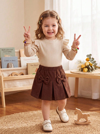 Baby Girls Unisex Infant Toddler 0-3 Years Spring/Autumn Black Elegant Style Round Neck Pullover Top With Black Bow Knot Decorated Coffee Brown Plaid Woven Skirt Set, Elegant Style Casual Fit Su