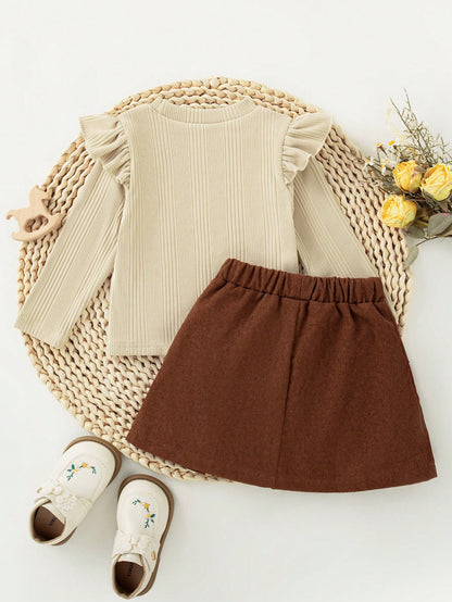Baby Girls Unisex Infant Toddler 0-3 Years Spring/Autumn Black Elegant Style Round Neck Pullover Top With Black Bow Knot Decorated Coffee Brown Plaid Woven Skirt Set, Elegant Style Casual Fit Su