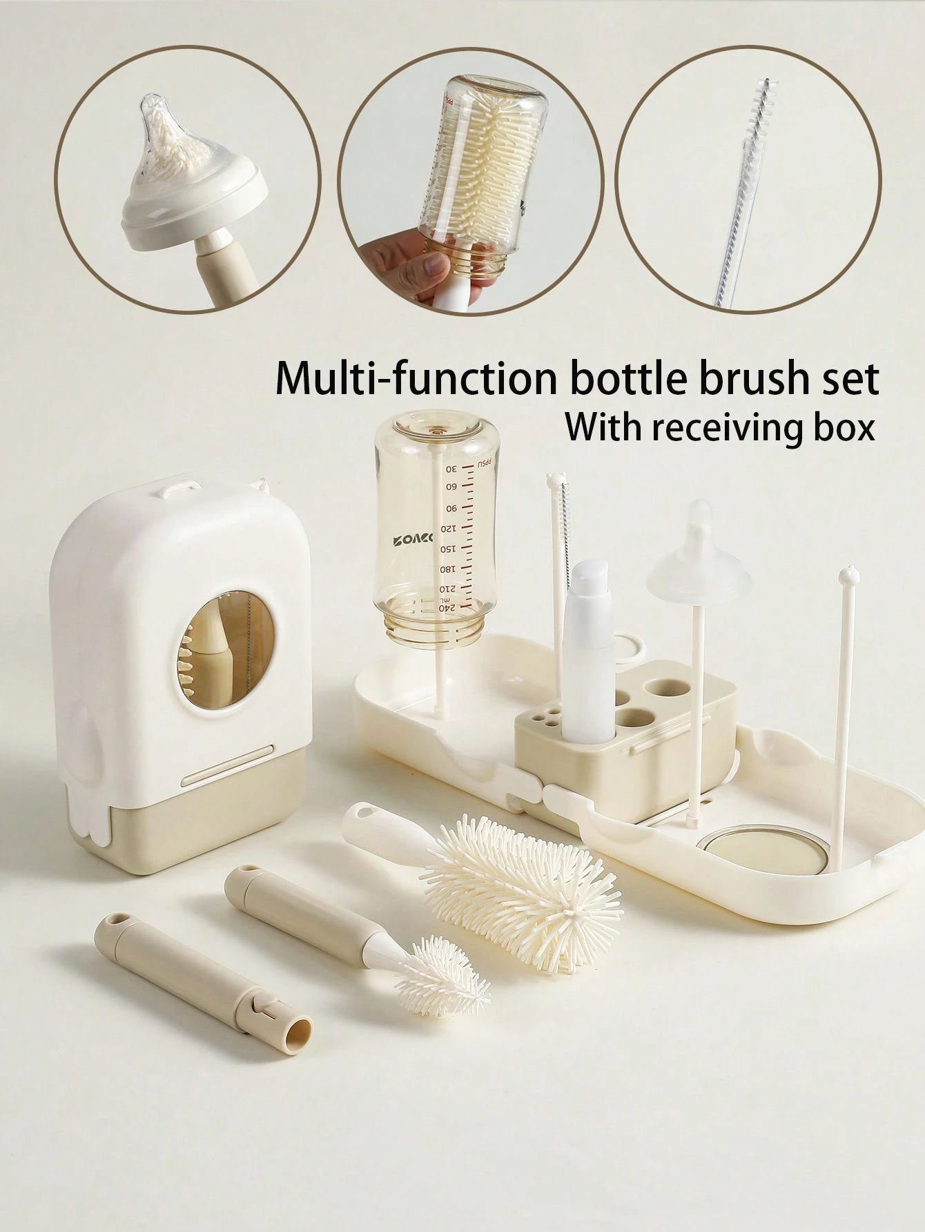 Baby Silicone Portable Bottle Brush Set, Newborn Cleaning Brush For Travel, Multi-Function Bottle Drying Rack & Storage Box