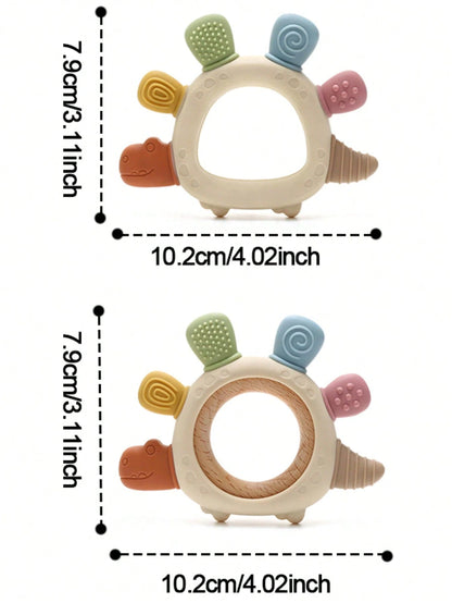 Baby Stegosaurus Silicone Teething Toy Babies Cute Dinosaur Wooden Ring Toys Easy To Grip Cartoon Dino Design Toddler Infant Accessory Youngest Teether Gifts
