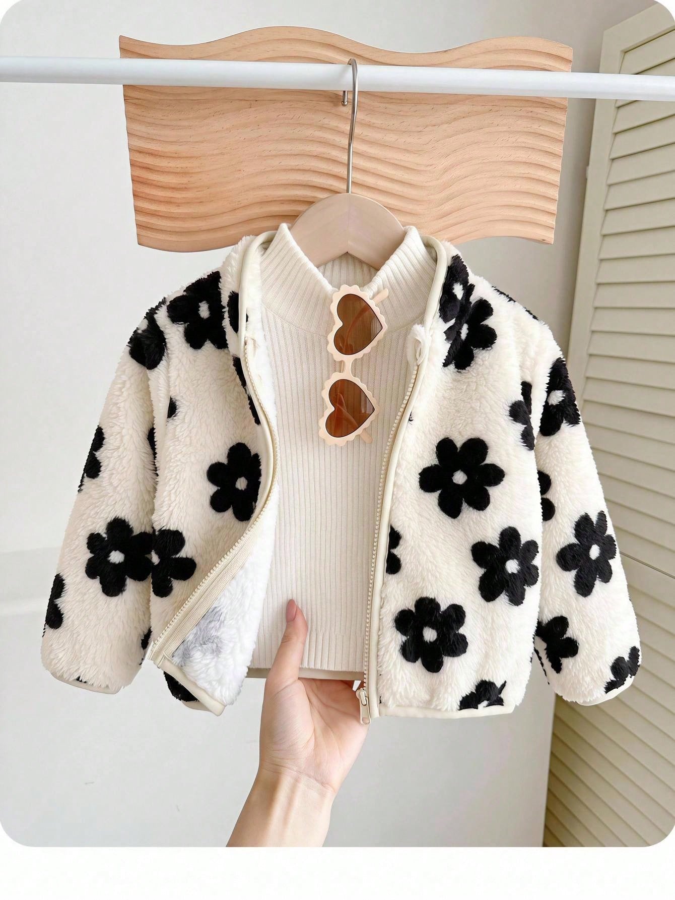 Babygirl Cute Autumn/Winter Versatile Casual Fluffy Floral Pattern Stand Collar Jacket
