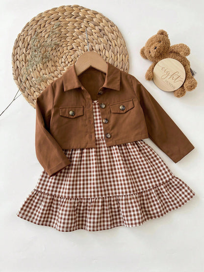 Babygirl Cute Casual Plaid Strap Dress & Jacket 2-Piece Set