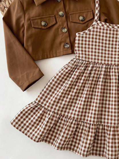 Babygirl Cute Casual Plaid Strap Dress & Jacket 2-Piece Set