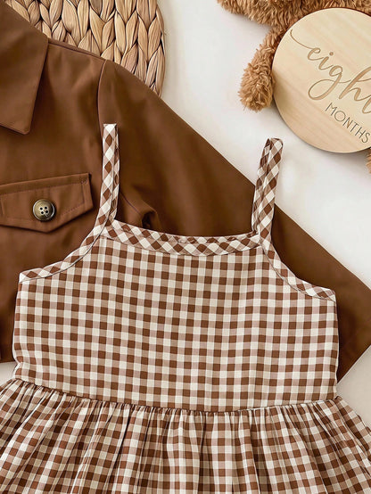 Babygirl Cute Casual Plaid Strap Dress & Jacket 2-Piece Set