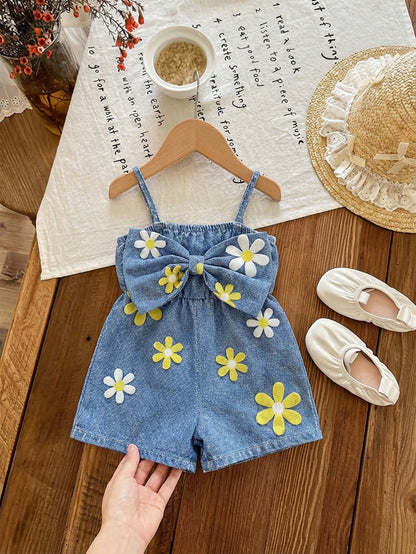 Babygirl Cute Casual Summer Blue Print Bow Strap Romper