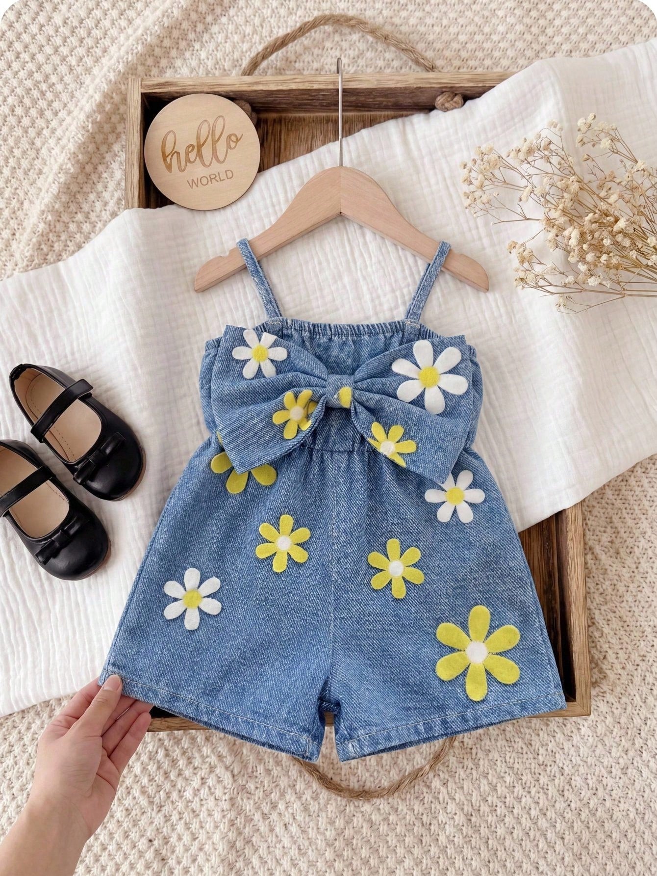 Babygirl Cute Casual Summer Blue Print Bow Strap Romper