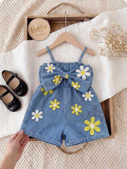 Babygirl Cute Casual Summer Blue Print Bow Strap Romper