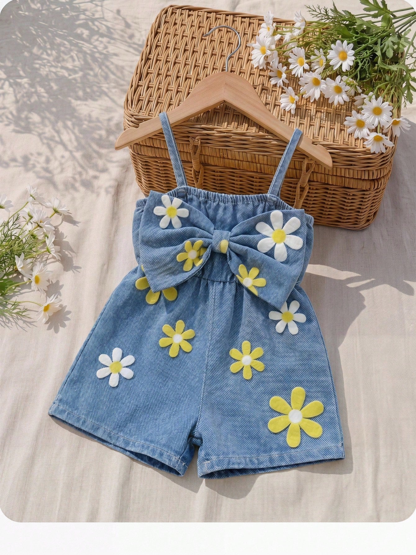Babygirl Cute Casual Summer Blue Print Bow Strap Romper