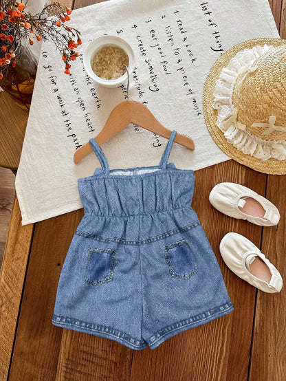 Babygirl Cute Casual Summer Blue Print Bow Strap Romper