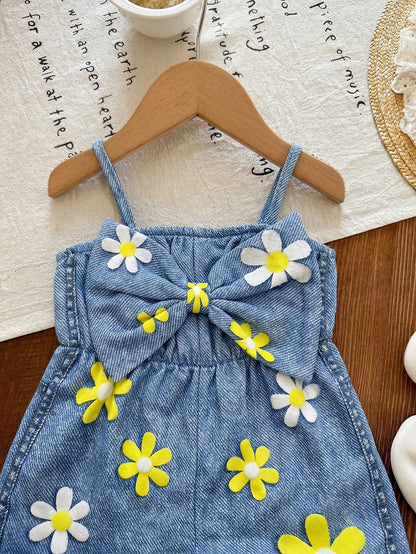 Babygirl Cute Casual Summer Blue Print Bow Strap Romper
