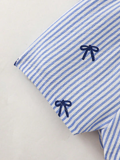 Babygirl Cute Casual Summer Blue Print Bow Strap Romper