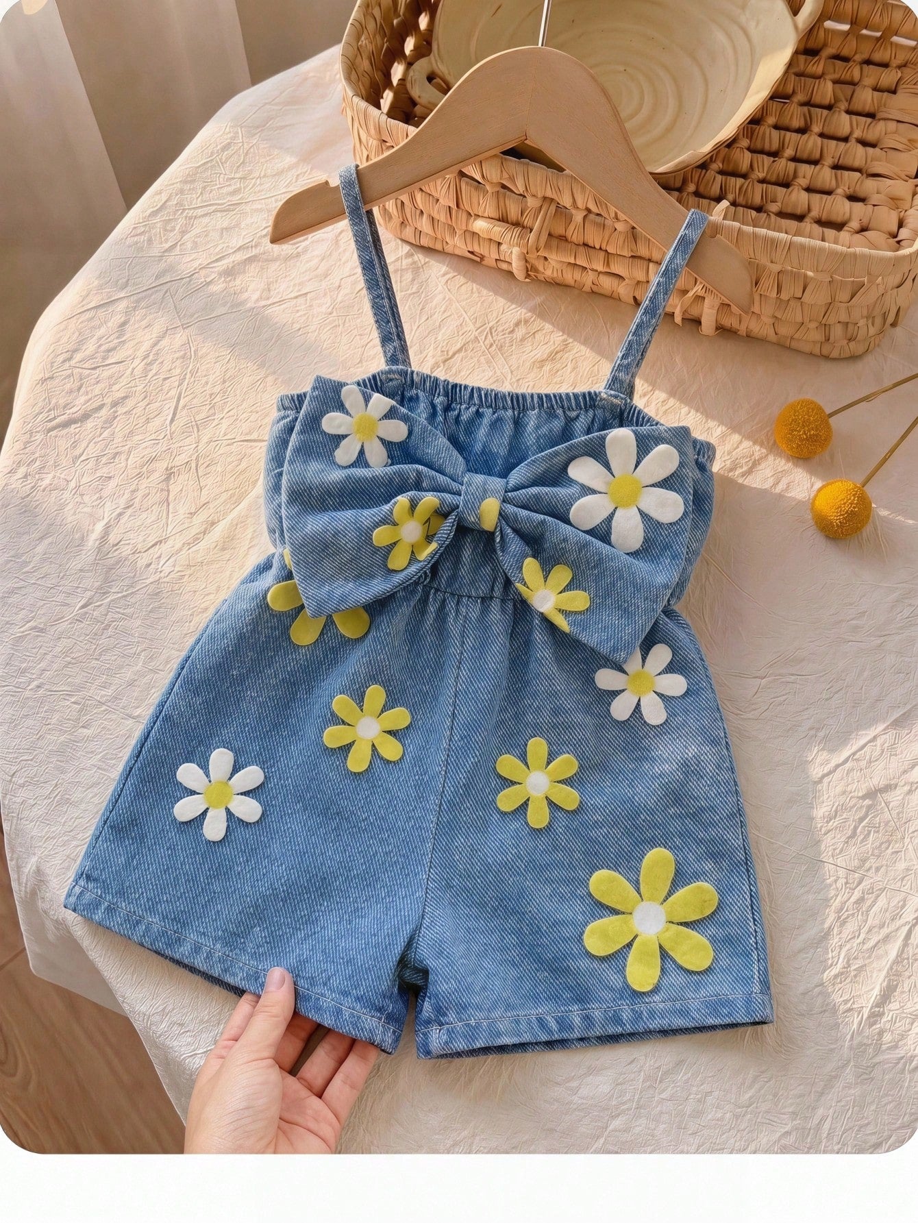 Babygirl Cute Casual Summer Blue Print Bow Strap Romper