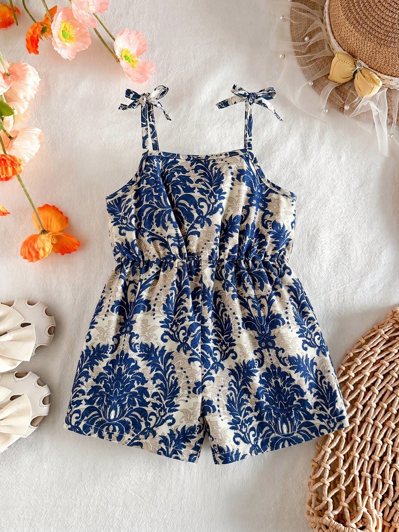 Babygirl Cute Floral Print Camisole Romper, Casual Vacation Style