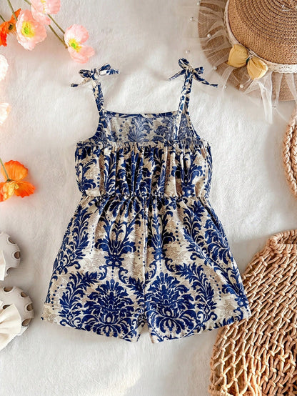 Babygirl Cute Floral Print Camisole Romper, Casual Vacation Style