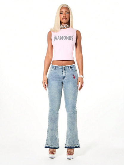 BABYPHAT Tank Top With Diamond Slogan Print Sleeveless Fitted Crop Length Summer Statement Piece