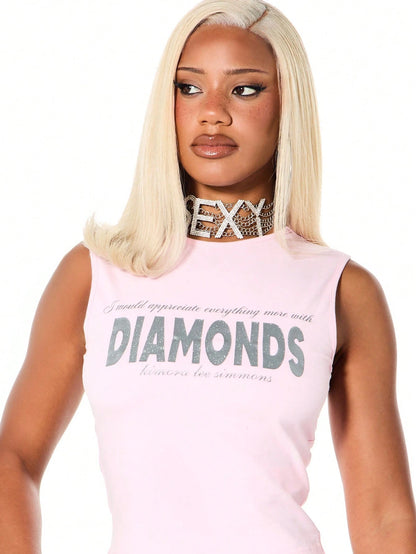 BABYPHAT Tank Top With Diamond Slogan Print Sleeveless Fitted Crop Length Summer Statement Piece