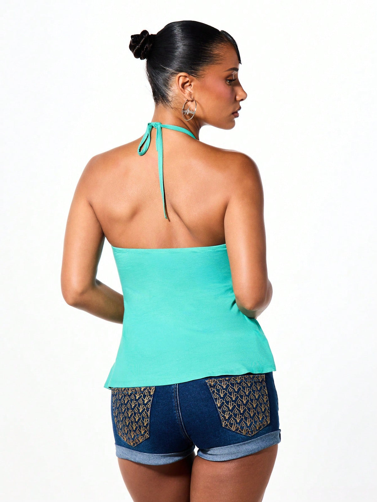 BABYPHAT Y2K Style Tie Neck Halter Bandeau Top With Ruched Bust, Flowy Hem And Gold Side Print