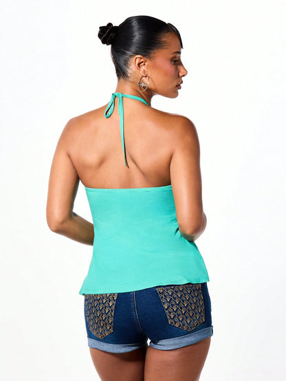 BABYPHAT Y2K Style Tie Neck Halter Bandeau Top With Ruched Bust, Flowy Hem And Gold Side Print