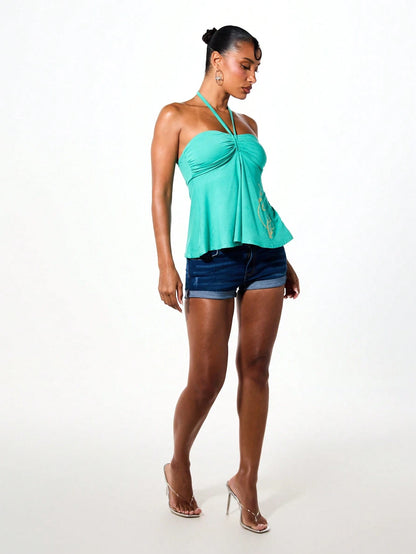 BABYPHAT Y2K Style Tie Neck Halter Bandeau Top With Ruched Bust, Flowy Hem And Gold Side Print