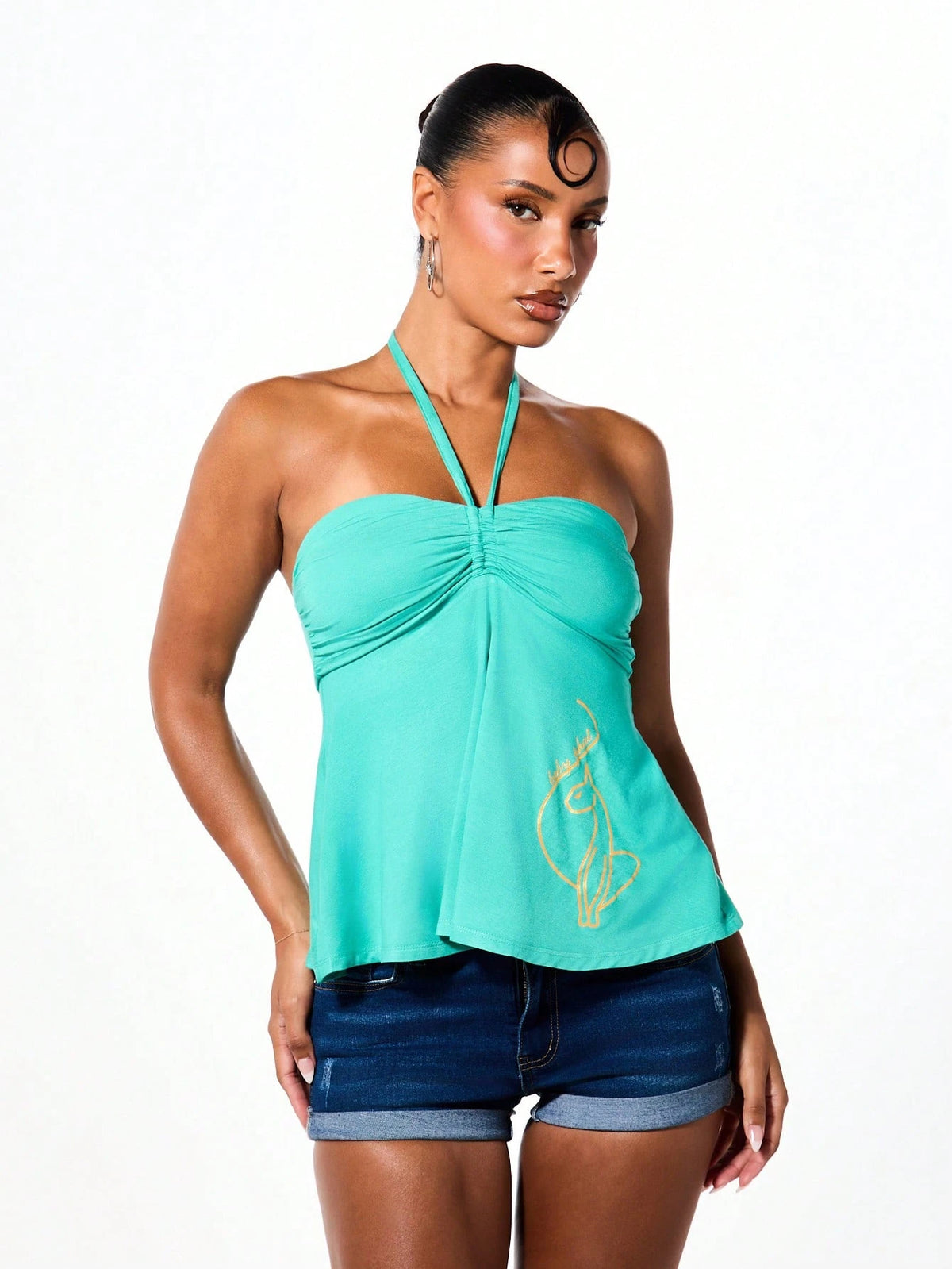 BABYPHAT Y2K Style Tie Neck Halter Bandeau Top With Ruched Bust, Flowy Hem And Gold Side Print