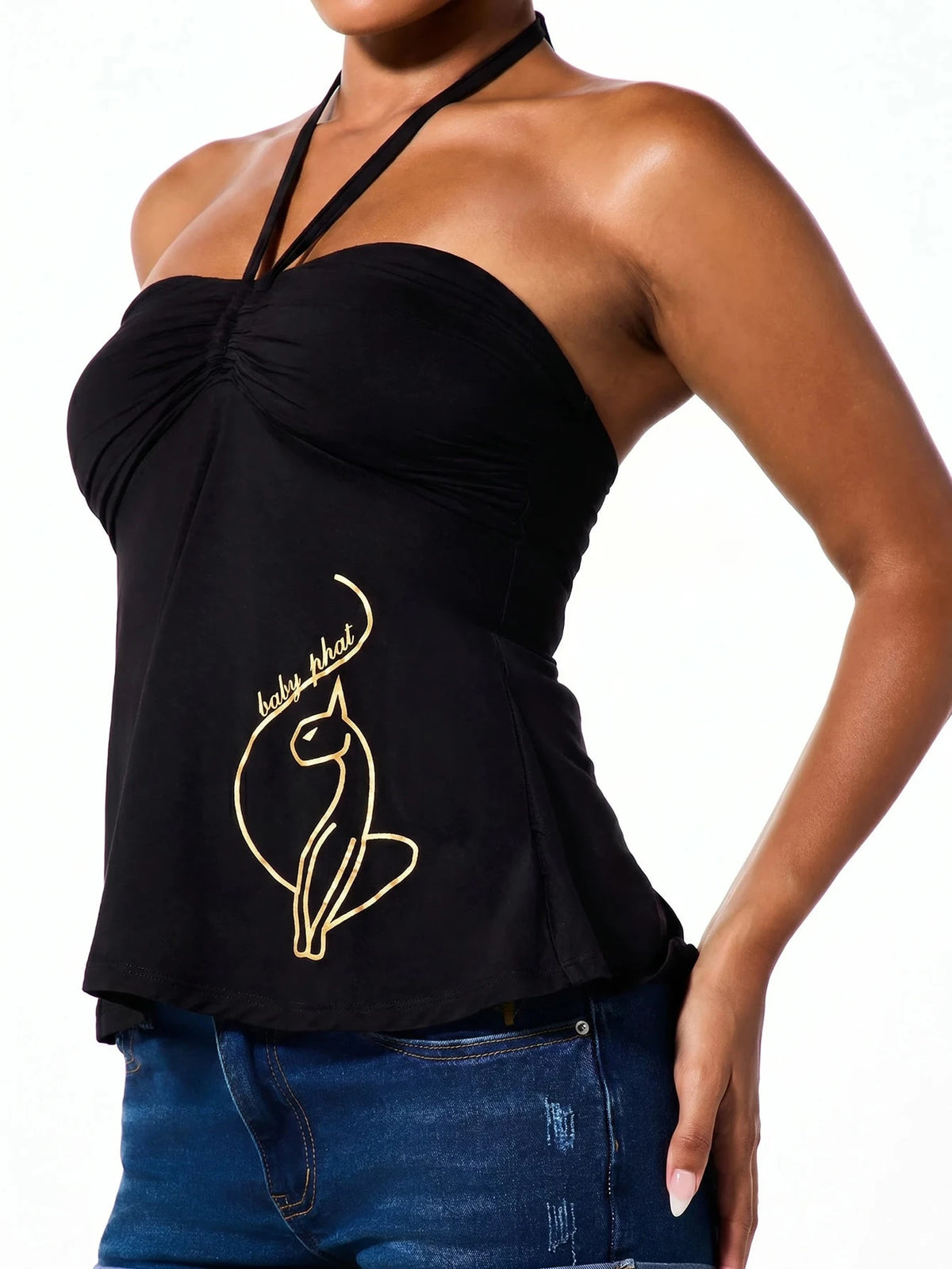 BABYPHAT Y2K Style Tie Neck Halter Bandeau Top With Ruched Bust, Flowy Hem And Gold Side Print