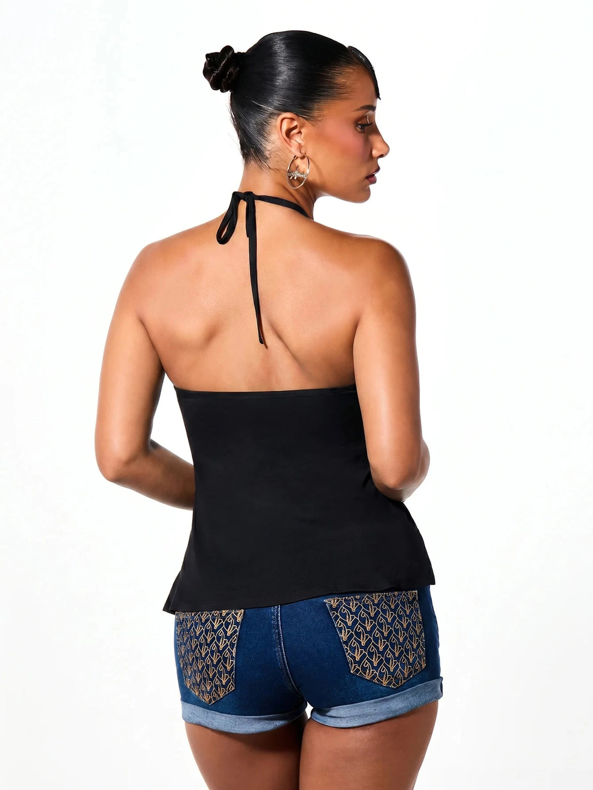 BABYPHAT Y2K Style Tie Neck Halter Bandeau Top With Ruched Bust, Flowy Hem And Gold Side Print