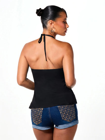 BABYPHAT Y2K Style Tie Neck Halter Bandeau Top With Ruched Bust, Flowy Hem And Gold Side Print