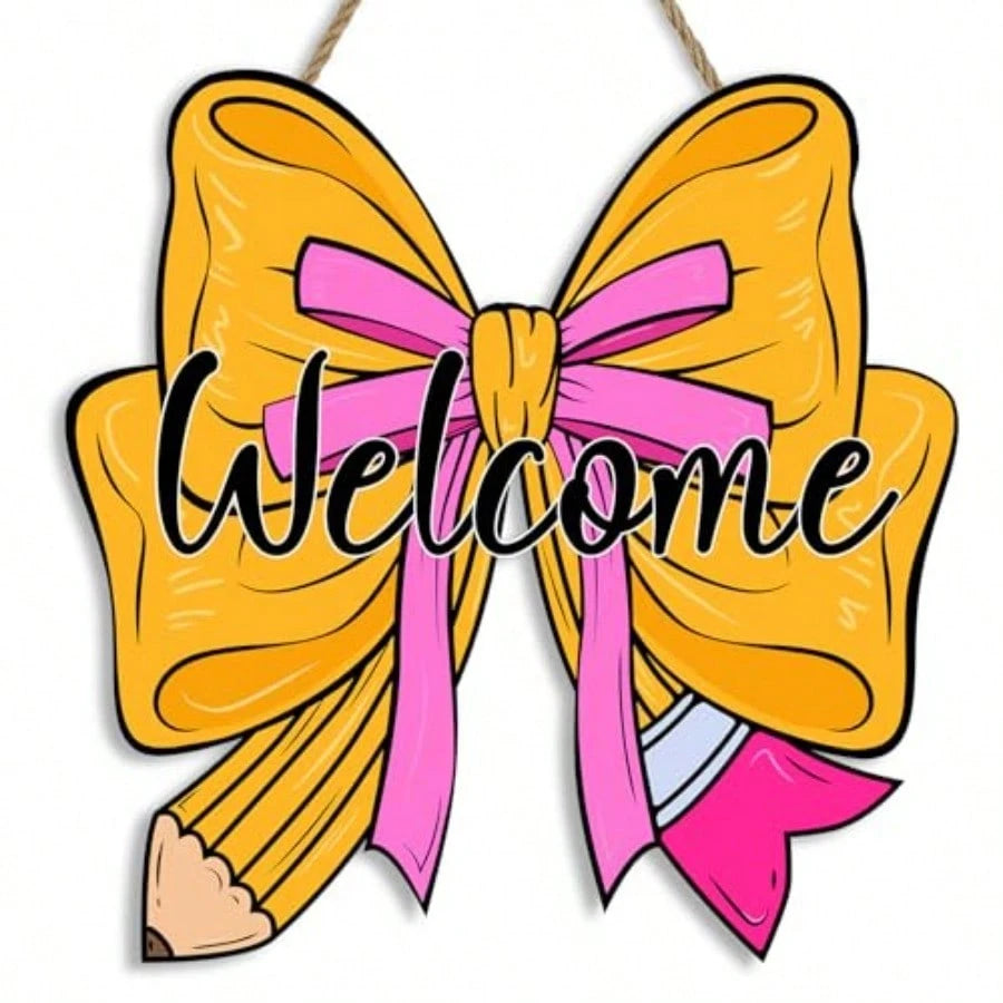 Back To School Welcome Door Sign For Classroom Decorations, Cute Pencil Bow Design First And Last Day Of School Welcome Wooden Wall Hanging Wreath Decor For School Classroom