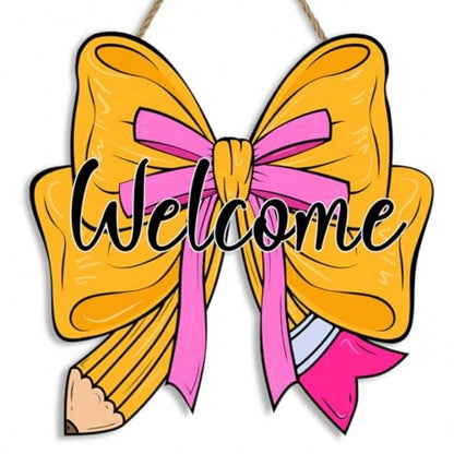 Back To School Welcome Door Sign For Classroom Decorations, Cute Pencil Bow Design First And Last Day Of School Welcome Wooden Wall Hanging Wreath Decor For School Classroom